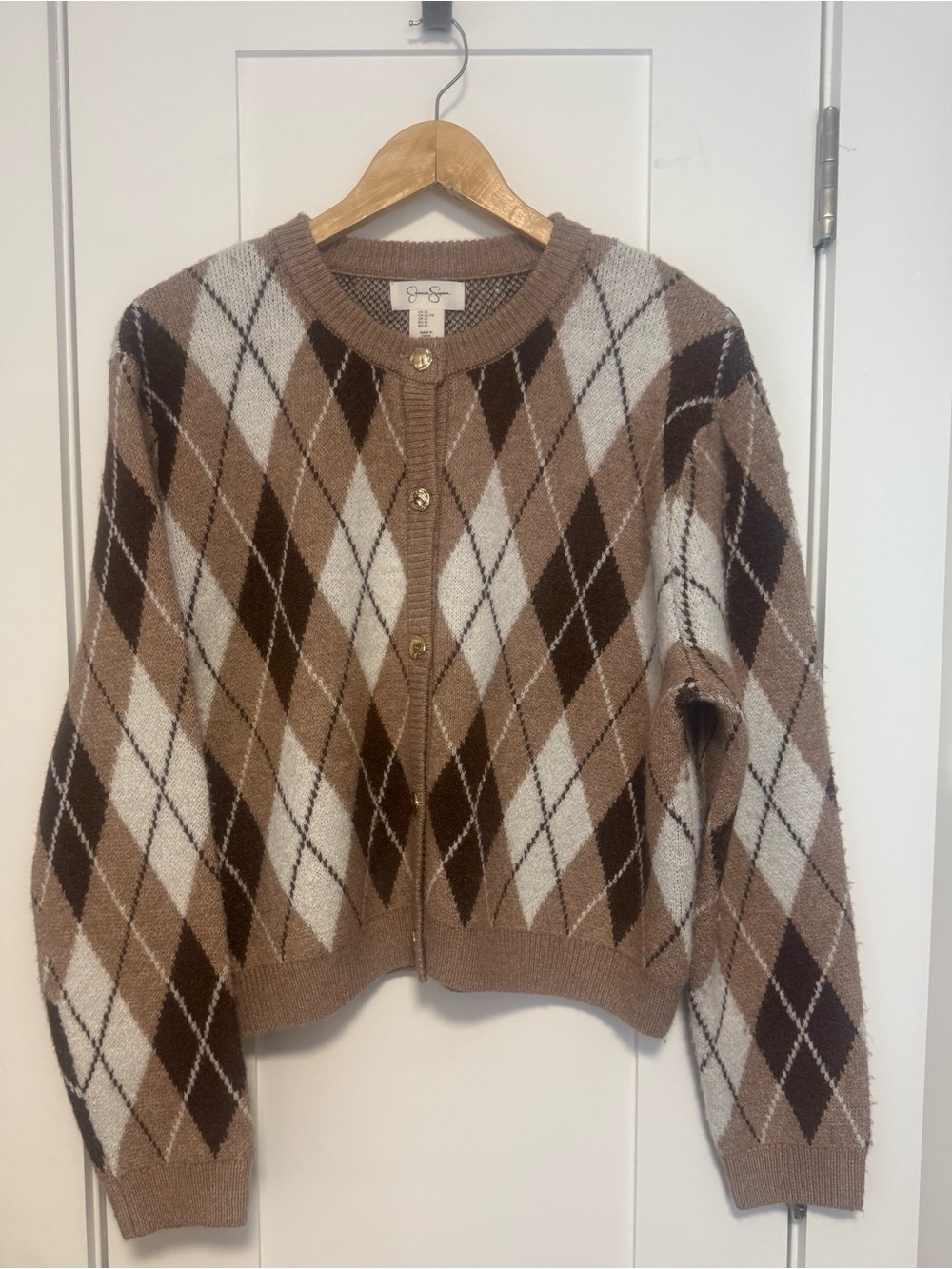 Jessica Simpson Brown and Cream Argyle Button-Front Cardigan